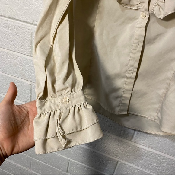 Ruffle Neck Vintage Style Blouse Cream Ivory Ruffly Wrist Button Down Up sm flaw - Picture 11 of 12